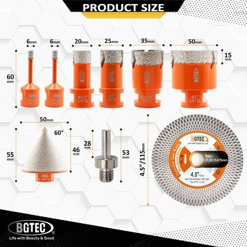BGTEC Diamond Core Drill Bits-9pcs 5/8-11 Hoter tile Hole Saw 19/25/35/10/65/102mm+50mm Beveling Chamfer Bit+20mm إصبع+محول SDS للبوكليان من الجرانيت الخزفي البوسيلي in Kuwait