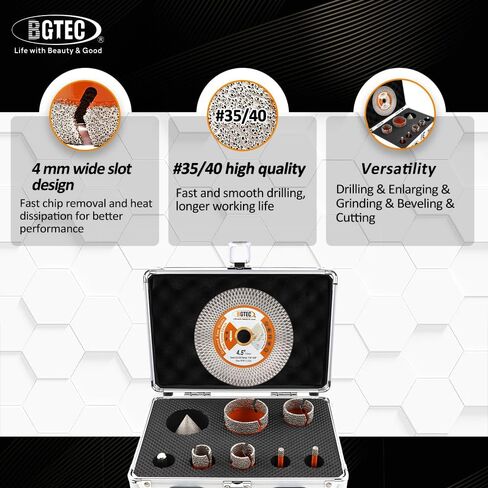 BGTEC Diamond Core Drill Bits-9pcs 5/8-11 Hoter tile Hole Saw 19/25/35/10/65/102mm+50mm Beveling Chamfer Bit+20mm إصبع+محول SDS للبوكليان من الجرانيت الخزفي البوسيلي in Kuwait