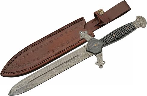 13.25" Wood Handled Damascus Steel Short Saber with Leather Sheath in Saudi Arabia
