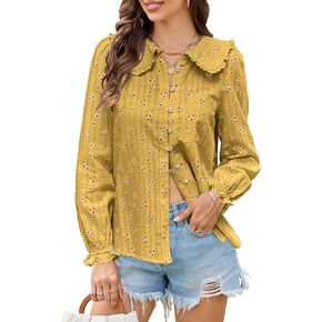 ECOWISH Women's Button Up Shirt - Peter Pan Collar Frilled Short Sleeve Summer Tops Casual Cotton Retro Floral Blouse in Saudi Arabia