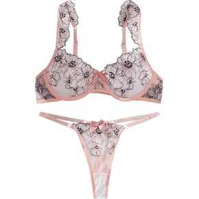 Lilosy Women Sexy Floral Asserized Mesh Leather Underwire Set Up Lingerie Set in Kuwait