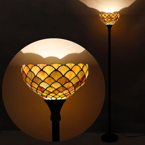 Tiffany Torchiere Floor Lamp Stained Glass Rose Flower Style Standing Corner Torch Uplight 12X12X72 Inch for Bedroom Living Room Home Office in Kuwait