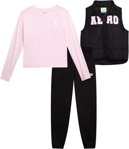 مجموعة بنطلون فتيات Aeropostale - 3 قطع سحاب سترة منتفخة ، وقميص طاقم طويل الأكمام وركض الصوف للبنات (4-12) in Saudi Arabia
