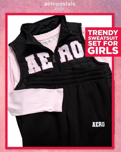 مجموعة بنطلون فتيات Aeropostale - 3 قطع سحاب سترة منتفخة ، وقميص طاقم طويل الأكمام وركض الصوف للبنات (4-12) in Saudi Arabia