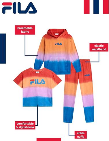 Fila Girls Sweat Suit Set - 3 Piece Tie-Dye Short Sleeve Crop Top, Pullover Hoodie and Jogger Sweatpants for Girls (7-16) in Kuwait