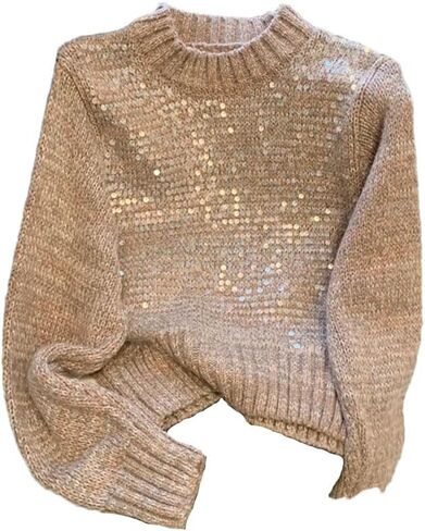 Women's Round Neck Long Sleeve Sequined Sweater Retro Classic Comfortable Simple Sweater in Saudi Arabia