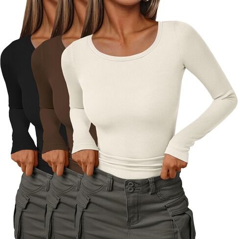 Ekouaer Womens Long Sleeve Shirts 3 Packs Scoop Neck Ribbed Tops Fitted Thermal Undershirt Soft Layering Tees XS-XXL in Saudi Arabia