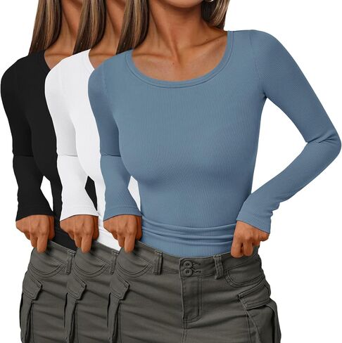 Ekouaer Womens Long Sleeve Shirts 3 Packs Scoop Neck Ribbed Tops Fitted Thermal Undershirt Soft Layering Tees XS-XXL in Saudi Arabia