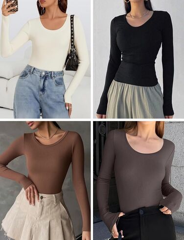Ekouaer Womens Long Sleeve Shirts 3 Packs Scoop Neck Ribbed Tops Fitted Thermal Undershirt Soft Layering Tees XS-XXL in Saudi Arabia