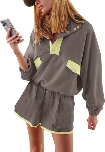 Quarter Button Sweatsuits Women Oversized Color Block Sweatshirts Sets Shorts Tracksuits 2025 Casual 2 Piece Outfits in Kuwait