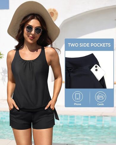 Blouson Tankini Swimsuit with Shorts - Womens Two Piece with Pockets Tummy Control Bathing Suit Modest Swimwear 2025 in Kuwait