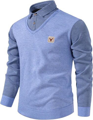 Men's 2 in 1 Long Sleeve Golf Sweater Button Front Ribbed Knit Fall Fake Two Piece Tops in Saudi Arabia