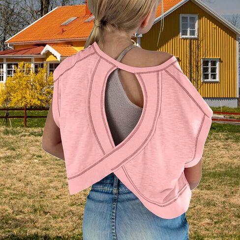 Little Girls Open Back Workout Top Teens Oversized Y2k Running Crop Tee Kids Backless Athletic Gym Yoga Short Sleeve T Shirts in Saudi Arabia