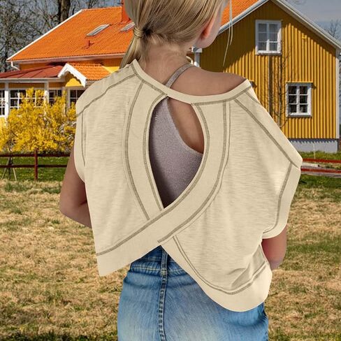 Little Girls Open Back Workout Top Teens Oversized Y2k Running Crop Tee Kids Backless Athletic Gym Yoga Short Sleeve T Shirts in Saudi Arabia
