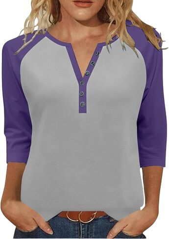 3/4 Sleeve Tops for Women V Neck Button Up Shirt Baseball Raglan Color Block T-Shirts Fall Dressy Casual Blouses in Saudi Arabia