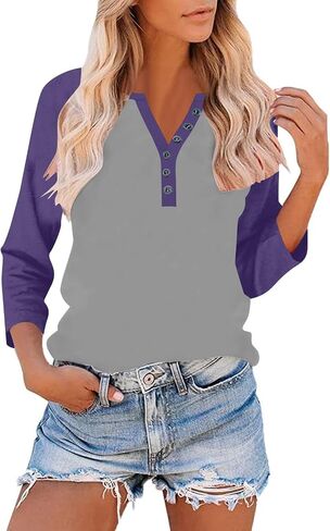 3/4 Sleeve Tops for Women V Neck Button Up Shirt Baseball Raglan Color Block T-Shirts Fall Dressy Casual Blouses in Saudi Arabia