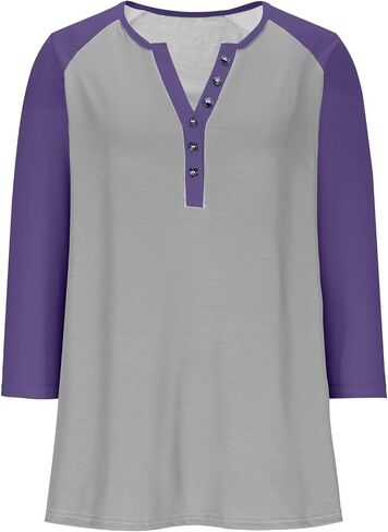 3/4 Sleeve Tops for Women V Neck Button Up Shirt Baseball Raglan Color Block T-Shirts Fall Dressy Casual Blouses in Saudi Arabia