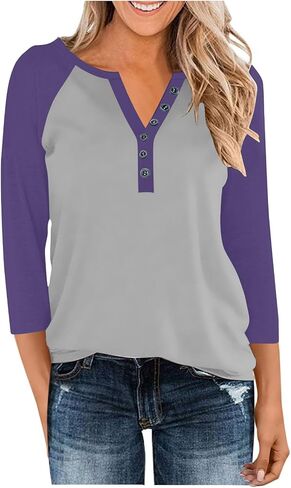 3/4 Sleeve Tops for Women V Neck Button Up Shirt Baseball Raglan Color Block T-Shirts Fall Dressy Casual Blouses in Saudi Arabia
