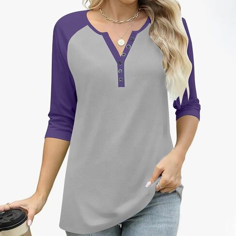 3/4 Sleeve Tops for Women V Neck Button Up Shirt Baseball Raglan Color Block T-Shirts Fall Dressy Casual Blouses in Saudi Arabia