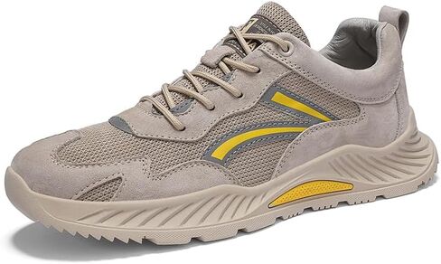 Athletic Running Sneakers, Beige Suede Mesh, Casual Sport Shoes with Yellow Accents, Cushioned Wave Sole in Saudi Arabia