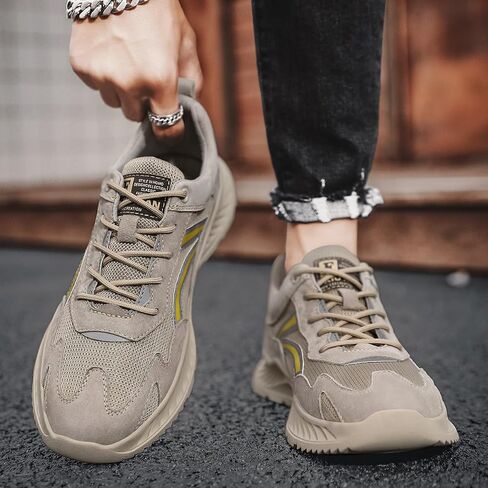 Athletic Running Sneakers, Beige Suede Mesh, Casual Sport Shoes with Yellow Accents, Cushioned Wave Sole in Saudi Arabia