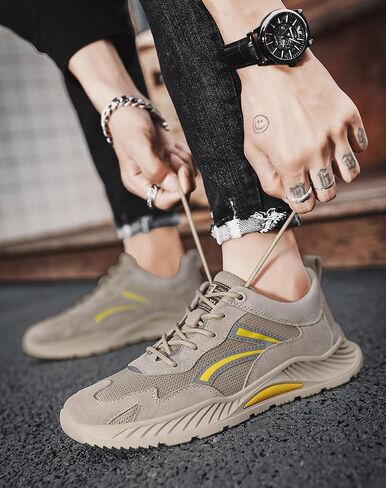 Athletic Running Sneakers, Beige Suede Mesh, Casual Sport Shoes with Yellow Accents, Cushioned Wave Sole in Saudi Arabia