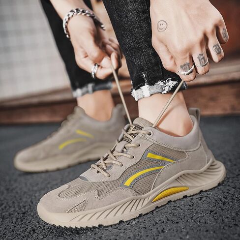 Athletic Running Sneakers, Beige Suede Mesh, Casual Sport Shoes with Yellow Accents, Cushioned Wave Sole in Saudi Arabia