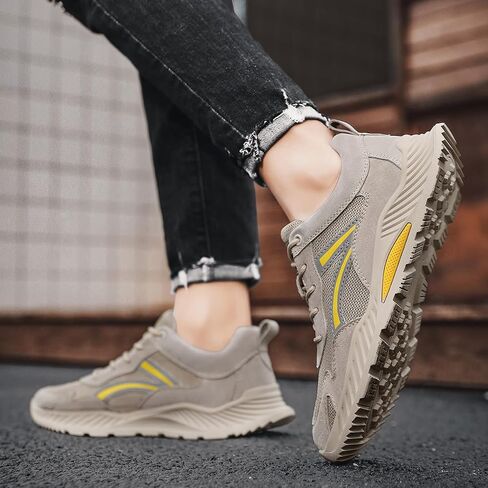 Athletic Running Sneakers, Beige Suede Mesh, Casual Sport Shoes with Yellow Accents, Cushioned Wave Sole in Saudi Arabia