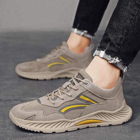 Athletic Running Sneakers, Beige Suede Mesh, Casual Sport Shoes with Yellow Accents, Cushioned Wave Sole in Saudi Arabia