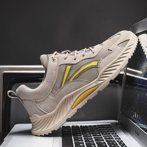 Athletic Running Sneakers, Beige Suede Mesh, Casual Sport Shoes with Yellow Accents, Cushioned Wave Sole in Saudi Arabia