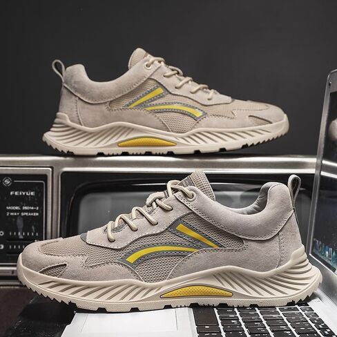 Athletic Running Sneakers, Beige Suede Mesh, Casual Sport Shoes with Yellow Accents, Cushioned Wave Sole in Saudi Arabia