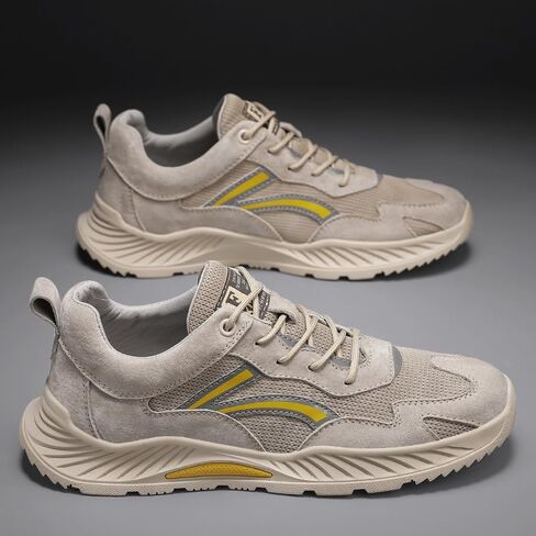 Athletic Running Sneakers, Beige Suede Mesh, Casual Sport Shoes with Yellow Accents, Cushioned Wave Sole in Saudi Arabia
