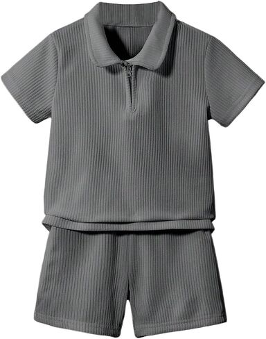 Boy's 2 Piece Clothing Set Short Sleeve 1/4 Zip T-shirts and Ribbed Knit Shorts in Saudi Arabia