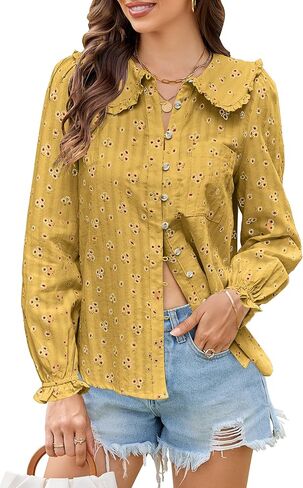 ECOWISH Women's Button Up Shirt - Peter Pan Collar Frilled Short Sleeve Summer Tops Casual Cotton Retro Floral Blouse in Saudi Arabia