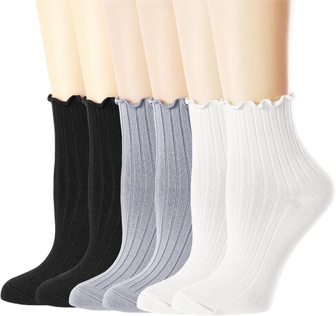 Mcool Mary Womens Ankle Socks Ruffle Casual Cotton Frilly Stretchable Cuff Cute Knit Lettuce Trim Ankle Socks 6 Pack for New Moms Size5-9 in Saudi Arabia