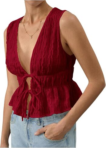 MakeMeChic Women's Tie Front V Neck Tank Top Bow Sleeveless Ruffle Hem Crop Tops in Saudi Arabia