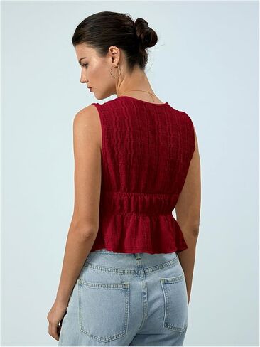 MakeMeChic Women's Tie Front V Neck Tank Top Bow Sleeveless Ruffle Hem Crop Tops in Saudi Arabia