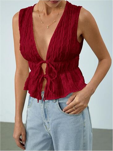 MakeMeChic Women's Tie Front V Neck Tank Top Bow Sleeveless Ruffle Hem Crop Tops in Saudi Arabia