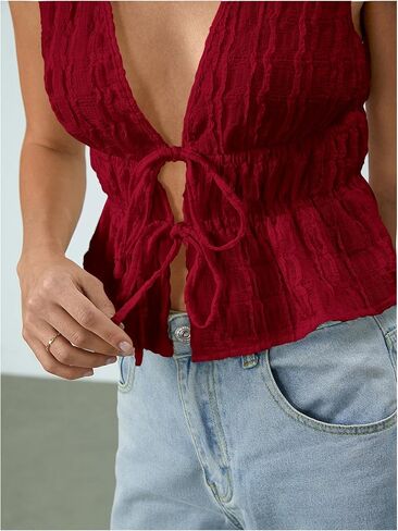 MakeMeChic Women's Tie Front V Neck Tank Top Bow Sleeveless Ruffle Hem Crop Tops in Saudi Arabia