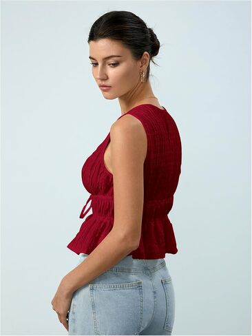 MakeMeChic Women's Tie Front V Neck Tank Top Bow Sleeveless Ruffle Hem Crop Tops in Saudi Arabia
