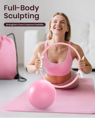Pilates Ring Set for Women, Home Workout Pilates Equipment with Resistance Bands, 14'' Magic Circle, Mini Ball, Pilates Starter Kit for Strength, Toning and Flexibility, Workout Guide Included in Saudi Arabia