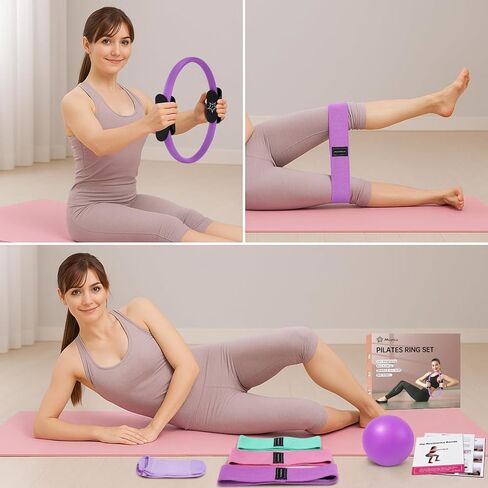 طقم Pilates Essentials للنساء المنزليين ، مجموعة الحلقة والكرة ، معدات بيلاتس للتدريبات ، 3 فرق مقاومة ، جوارب قبضة ، دائرة سحرية 14 بوصة ، كرة مائية ، معدات تمرين رائعة in Kuwait