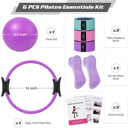 طقم Pilates Essentials للنساء المنزليين ، مجموعة الحلقة والكرة ، معدات بيلاتس للتدريبات ، 3 فرق مقاومة ، جوارب قبضة ، دائرة سحرية 14 بوصة ، كرة مائية ، معدات تمرين رائعة in Kuwait