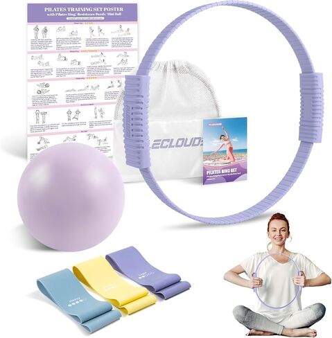 طقم Pilates Essentials للنساء ، حلقة Pilates 13.5 بوصة مع عصابات مقاومة للتدريبات المنزلية ، مجموعة Pilates المحمولة مع حقيبة وملصق تدريب لممارسة الجسم الكامل in Kuwait
