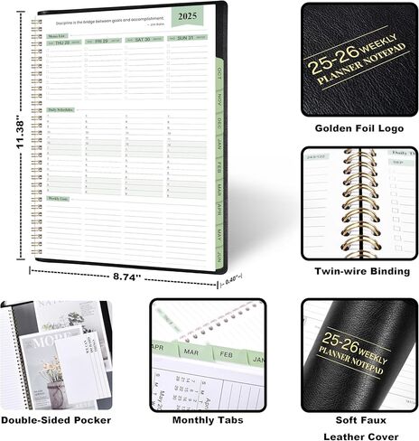 2025-2026 Planner - 11.38'' x 8.74'', Weekly & Monthly Planner Notepad,JUL 2025 - JUN 2026, Appointment Book, 60 Minutes Intervals, Monthly Tabs, Faux Soft Leather, Spiral Bound, Back Pockets - Green in Kuwait