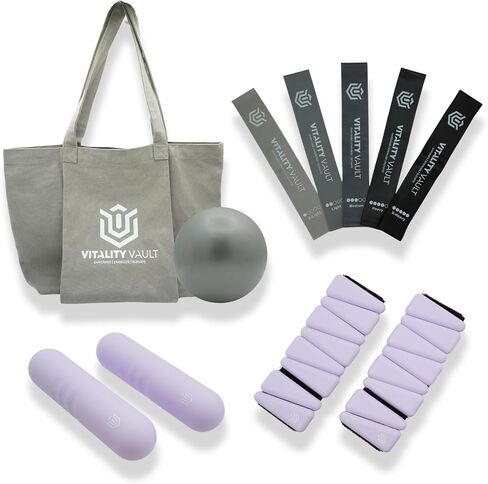Pilates Pro Power Pack - Pilates Essentials - 2.2 رطل أوزان يدوية ، أوزان في الكاحل 2.2 رطل/أوزان معصم ، أو أشرطة مقاومة ، أو Bilates Ball ، و Canvas Tote Bag - للمبتدئين أو استخدام الصالة الرياضية أو الصالة الرياضية/الاستوديو. in Kuwait