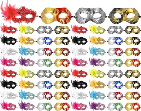 Sratte 16 Pcs Couple Masquerade Mask with Feather Flower Unisex Half Face Venetian Mask for Mardi Gras Party (Glitter) in Kuwait