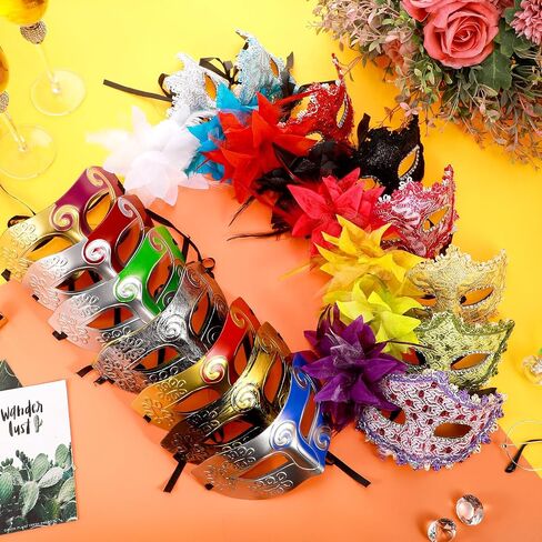 Sratte 16 Pcs Couple Masquerade Mask with Feather Flower Unisex Half Face Venetian Mask for Mardi Gras Party (Glitter) in Kuwait