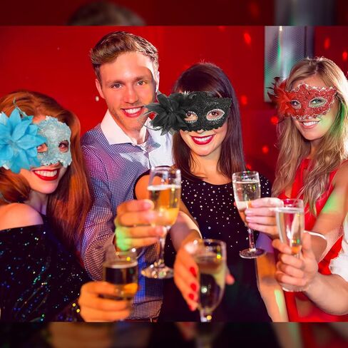 Sratte 16 Pcs Couple Masquerade Mask with Feather Flower Unisex Half Face Venetian Mask for Mardi Gras Party (Glitter) in Kuwait