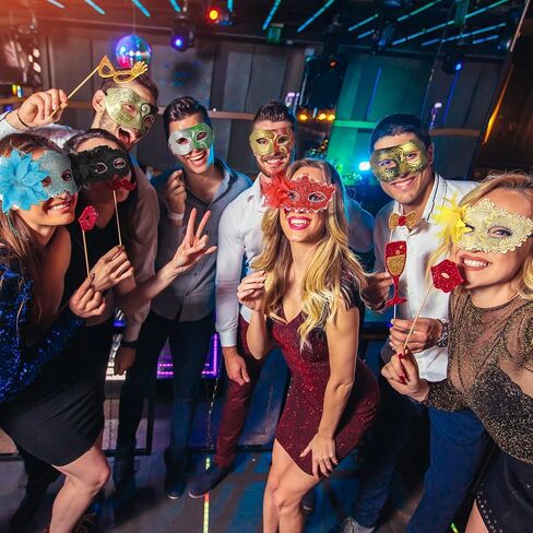 Sratte 16 Pcs Couple Masquerade Mask with Feather Flower Unisex Half Face Venetian Mask for Mardi Gras Party (Glitter) in Kuwait